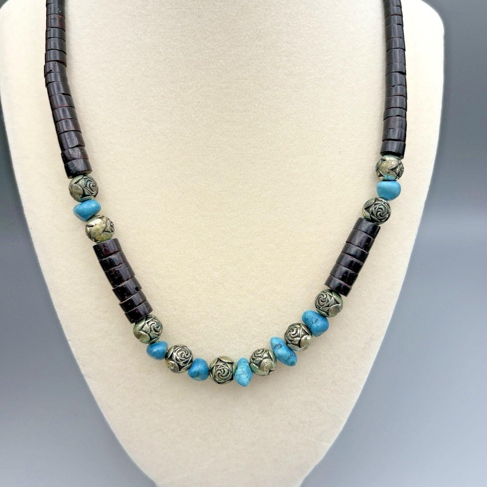 Vintage Graduated Heishi Brown Pen Shell Necklace 18" Turquoise Silvertone Roses